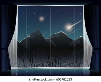 view of meteor shower over mountain at night in room with large window