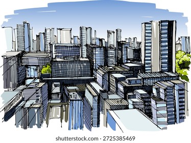 View of metropolis on a clear day. Big city life concept. Handmade illustration, quick line sketch, non AI