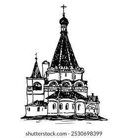 Vista da Catedral de Miguel, o Arcanjo, no Kremlin de Nizhni Novgorod, Rússia. Antigo templo ortodoxo russo. Desenhado à mão linear rabiscar esboço bruto. Silhueta em preto e branco.