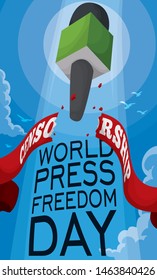 View of a microphone flying and breaking a ribbon that represents the censorship of journalism during World Press Freedom Day.