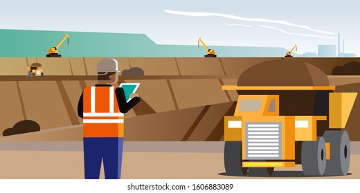 A view of the mining site along with heavy equipment and mining workers who are busy managing the mine. time in the morning is clear with blue sky. The farthest mountains and factories