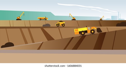 A view of the mining site along with heavy equipment and mining workers who are busy managing the mine. time in the morning is clear with blue sky. The farthest mountains and factories