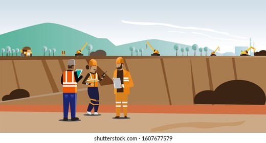 A view of the mining site along with heavy equipment and mining workers who are busy managing the mine. time in the morning is clear with blue sky. The farthest mountains and factories