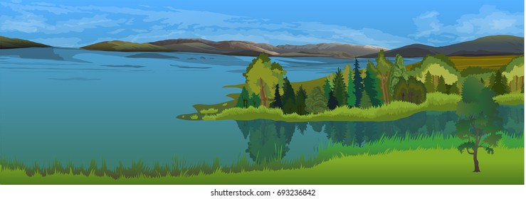 A view of the mirror surface of the lake, coniferous and deciduous trees, against the background of the mountains