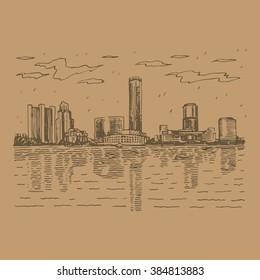 View of the modern buildings on the embankment of the pond in Yekaterinburg, Russia. Sketch by hand. Vector illustration