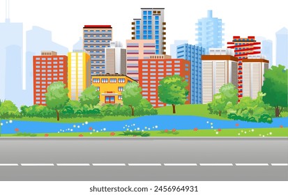 View of a modern city located on the bank of a river. And a highway runs along the river bank. Vector illustration.
