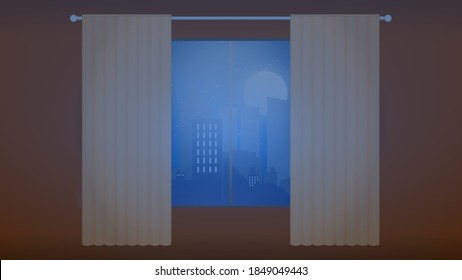 View of the modern city at night from the window with curtains. Lights on in the room. Modern cityscape, skyline. Vector illustration in a flat style. Beautiful background with lighting of the moon.