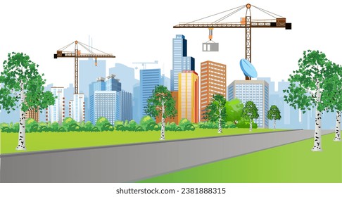 View of a modern city under construction with construction sites and tower cranes towering over the city. Vector illustration.