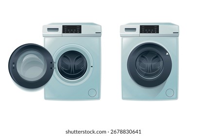 Vista de uma moderna máquina de aço inoxidável em uma lavanderia ou lavandaria. Lavanderia pública com várias máquinas de lavar roupa. Vista frontal, uma porta aberta. Máquina de lavar louça.