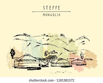 View of Mongolia. Yurts (gers) traditional Mongolian dwellings in Mongolian steppe. Mountains on background. Travel sketch. Brushpen graphic art. Handdrawn vintage book illustration, postcard. Vector