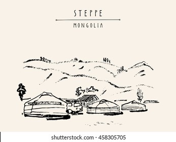 View of Mongolia. Yurts (gers) traditional Mongolian dwellings in Mongolian steppe. Mountains on background. Travel sketch. Brush pen graphic art. Hand drawn vintage book illustration, postcard. Vector