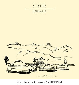 View of Mongolia. Yurts (gers) traditional Mongolian dwellings in Mongolian steppe. Mountains on background. Travel sketch. Brushpen graphic art. Handdrawn vintage book illustration, postcard. Vector