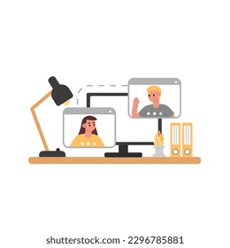 View from monitor screen of man and woman discussing work at online conference. Concept of distance working. Flat style vector cartoon illustration isolated on white background