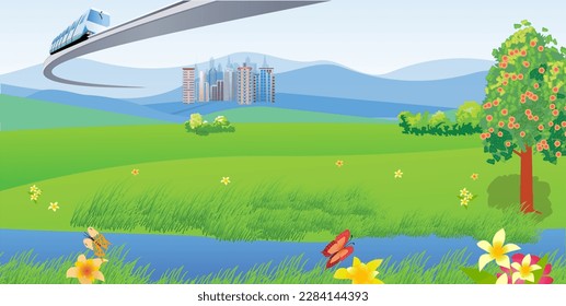 View of the monorail train passing from a city that is seen in the distance, above the hills and the river. Vector illustration.