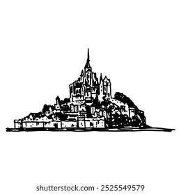 Blick auf Mont-Saint-Michel. St. Michaels Berg. Historische Gezeiteninselabtei in der Normandie, Frankreich. Handgezeichnete lineare Doodle grobe Skizze. Schwarz-weiße Silhouette.