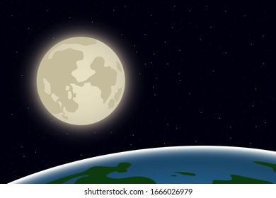 View of Moon and planet Earth from space. Vector illustration.