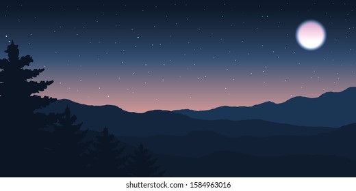 View of moon and star on forest at night colorful. Vector Illustration.