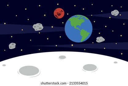 View from the moon of the stars of the asteroids and the planets earth and mars