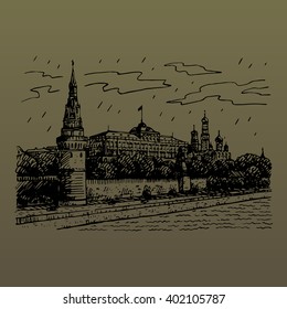 View of Moscow Kremlin and Moscow River, Russia. Sketch by hand. Vector illustration