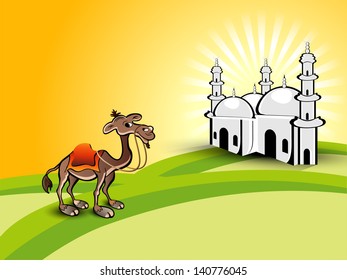 View of Mosque and camel concept for Ramadan Kareem.