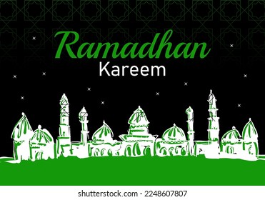 view of mosque during ramadan kareem month, hand drawn vector illustration isolated on black background.