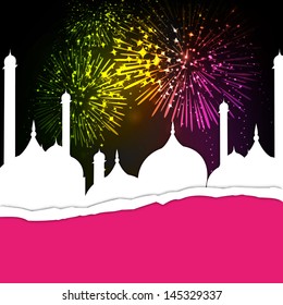 Blick der Moschee mit Feuerwerk in der Nacht Himmel Konzept für die Feier der Musik-Community Festival Eid Mubarak.