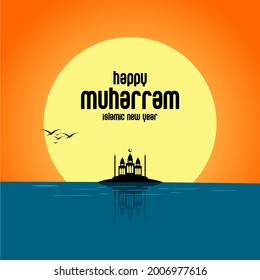 the view of the mosque in the middle of the sea with a sunset, Islamic new year