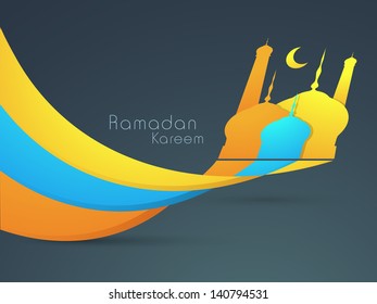View of Mosque with moon made by colorful waves on grey background for Ramadan Kareem.