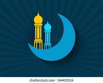 Vista de la mezquita sobre el concepto de luna azul para el mes sagrado de la comunidad musulmana Ramadan Kareem.