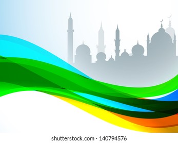 View of Mosque on colorful waves background for Ramadan Kareem.