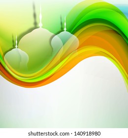 View of Mosque on colorful waves background for  Ramadan Kareem.