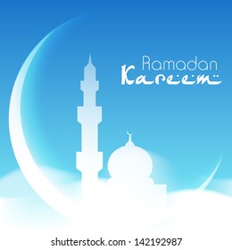 View of mosque on shiny moon concept for Muslim community holy month Ramadan Kareem.