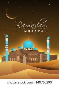View of Mosque on shiny moonlight night for Ramadan Kareem.