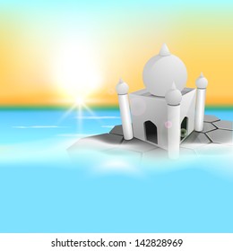 View of Mosque at seaside in evening background for Muslim community festival Eid Mubarak.