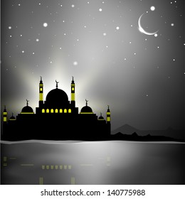 Blick auf die Moschee auf glänzendem Mondnachthintergrund für Ramadan Kareem.