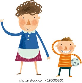 The view of mother and son are standing 