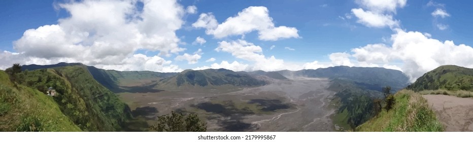 View of Mount Bromo from the top of the climb with beautiful clouds. Vector watercolor