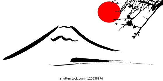 View Mount Fuji Kyoto And Osaka Flowers Red Sun, Vector