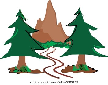 Blick auf den Berg hinter zwei hohen Bäumen, einfache flache Vektorgrafik Design