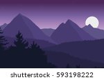 View of the mountain landscape with its forests and hills under a purple sky with moon and stars - vector