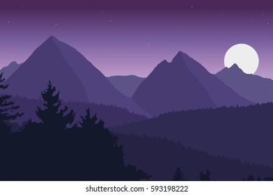 View of the mountain landscape with its forests and hills under a purple sky with moon and stars - vector