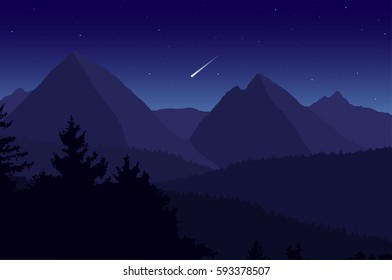 View of the mountain landscape with its forests and hills under a blue sky with comet and stars - vector