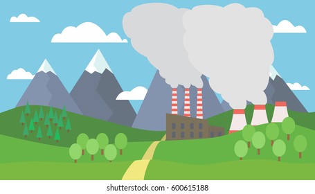 View of the mountain landscape with hills and trees with snow on the peaks and factory with smoking chimneys under blue sky with clouds - vector