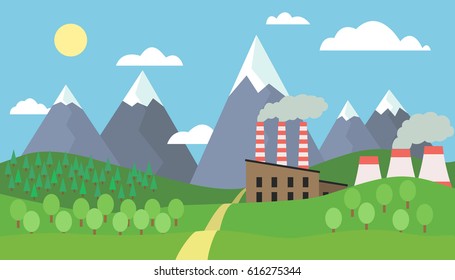 View of the mountain landscape with hills and trees with snow on the peaks and factory with smoking chimneys under blue sky with clouds and sun - vector
