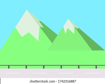 View of the mountain landscape from the side of the road. Green fields and bald mountain peak. Flat style. Typography background for advertising, postcards, poster and banner. Vector illustration