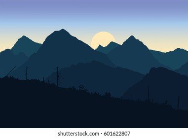 View of mountain landscapes devastated after the apocalypse was destroyed trees under a spring sky with the sun rising - vector