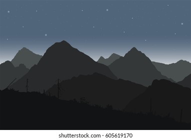 View of mountain landscapes devastated after the apocalypse was destroyed trees under a sky with the stars - vector