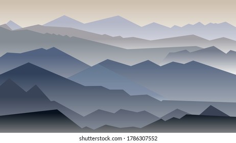 Der Blick auf den Berg am Morgen, die bewölkten und nebelbedeckten Berge