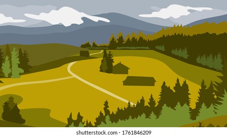 View of mountain and pine forest landscapes with white clouds and and house and roads - Vector