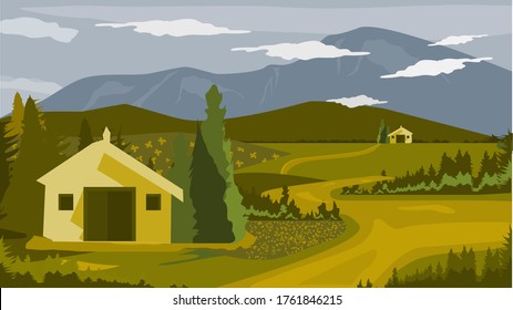 View of mountain and pine forest landscapes with white clouds and and house and roads - Vector